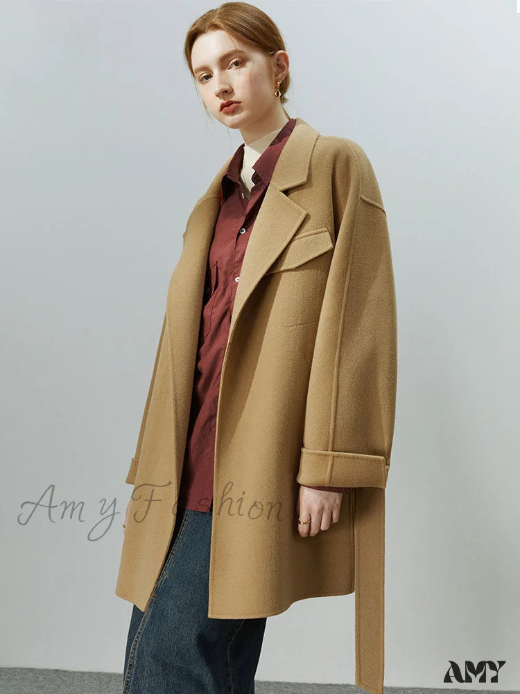 Temperament Mid-Length Double-Sided Pure Wool Solid Color High-Quality Elegant Coat