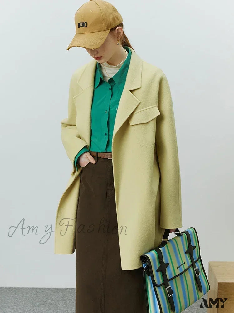 Temperament Mid-Length Double-Sided Pure Wool Solid Color High-Quality Elegant Coat