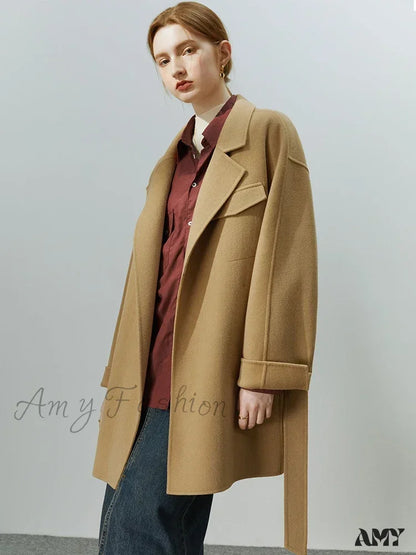 Temperament Mid-Length Double-Sided Pure Wool Solid Color High-Quality Elegant Coat Camel / S