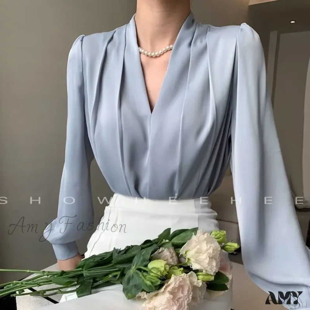Temperament Pleated Solid Color V-Neck Femme Fashion Buttons Blouse Blue / S