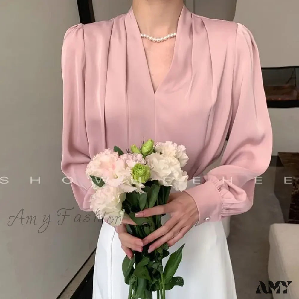 Temperament Pleated Solid Color V-Neck Femme Fashion Buttons Blouse Pink / S