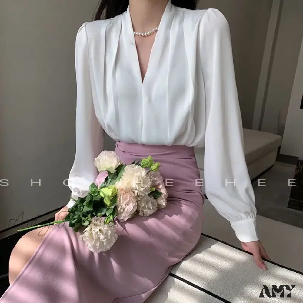 Temperament Pleated Solid Color V-Neck Femme Fashion Buttons Blouse White / S