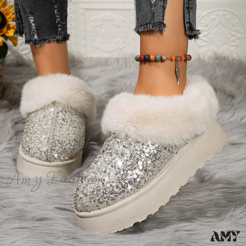 Thick Plush Sequined Bread Plus Size Women’s Autumn Winter New Snow Boots Shoes White / 36