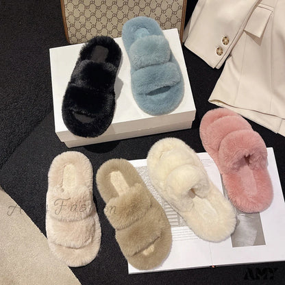 Thick Sole Cross Strap Fur Slippers Soft Autumn Winter 2024 New Women’s Home Cotton Sample Shoes