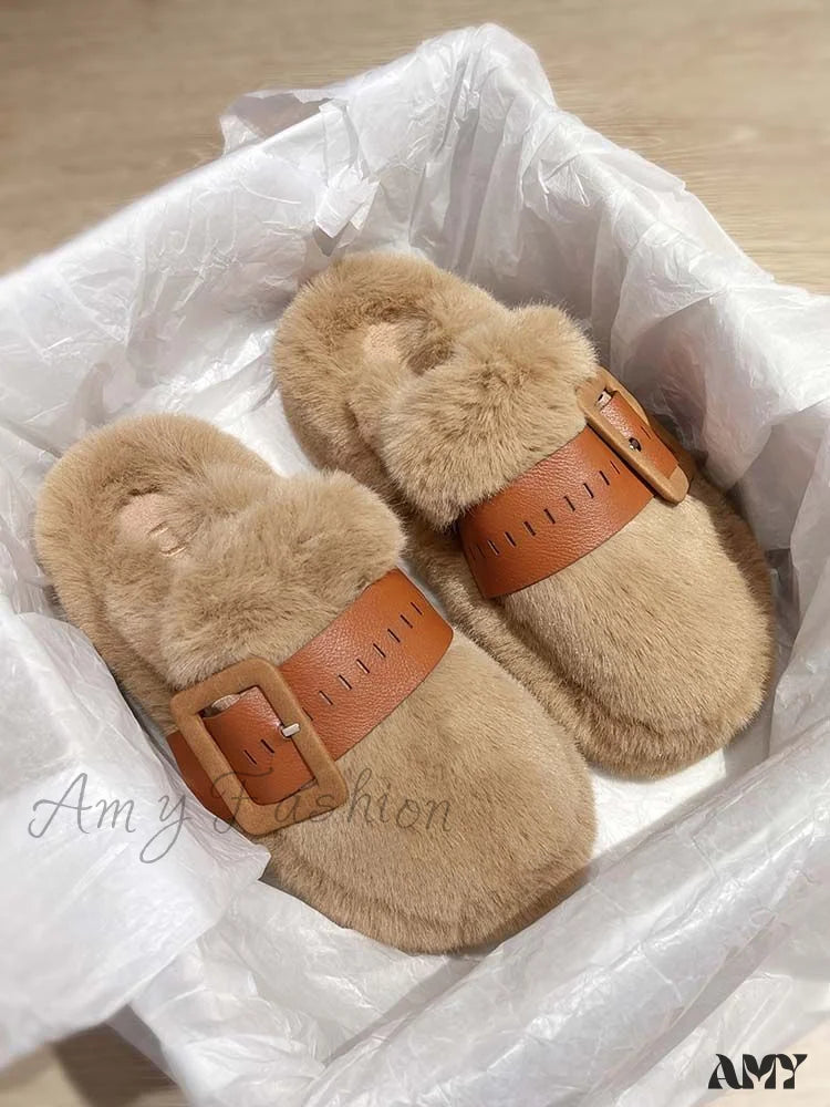 Thick Sole Fur Warm Outdoor Autumn Winter Closed Toe Half Slippers Shoes