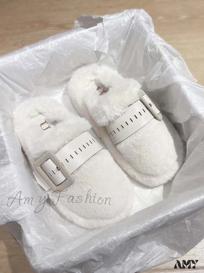 Thick Sole Fur Warm Outdoor Autumn Winter Closed Toe Half Slippers Shoes Beige / 35