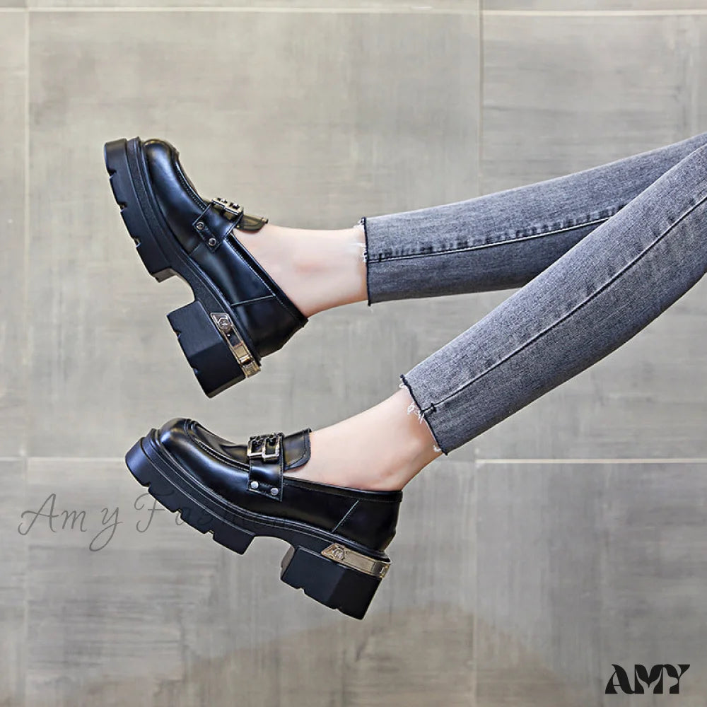 Thick Sole Real Leather Black British Vintage Versatile Platform Loafers Autumn Winter 2024