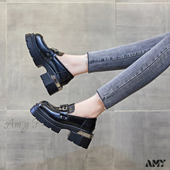 Thick Sole Real Leather Black British Vintage Versatile Platform Loafers Autumn Winter 2024