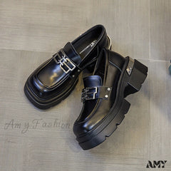 Thick Sole Real Leather Black British Vintage Versatile Platform Loafers Autumn Winter 2024