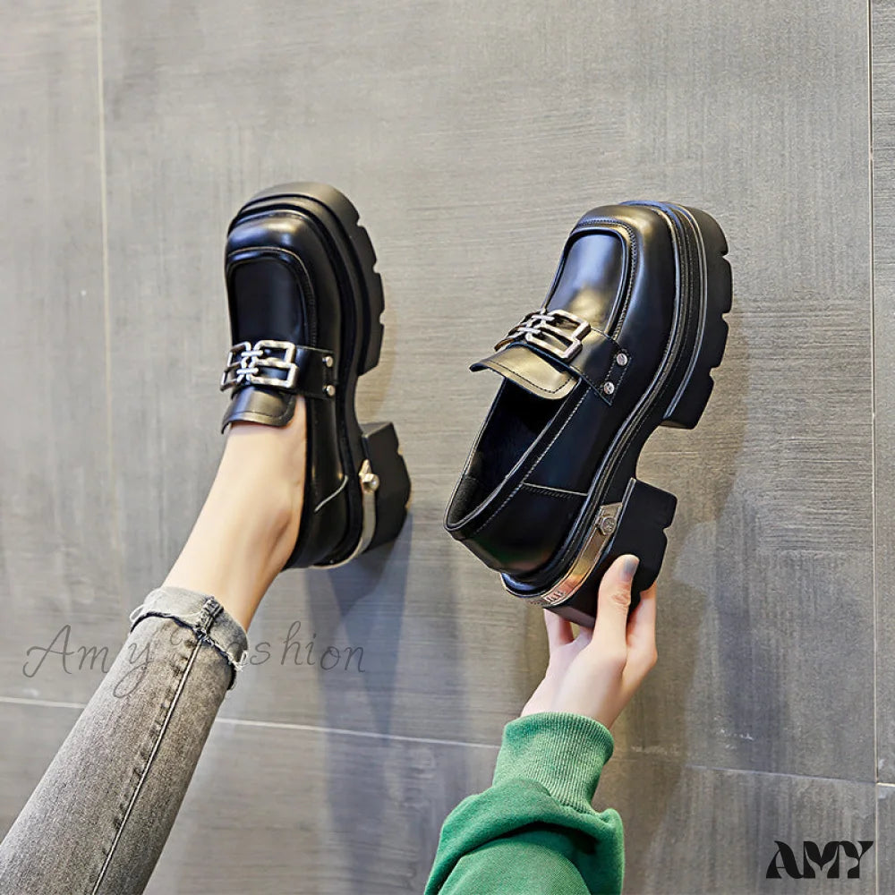 Thick Sole Real Leather Black British Vintage Versatile Platform Loafers Autumn Winter 2024