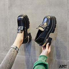 Thick Sole Real Leather Black British Vintage Versatile Platform Loafers Autumn Winter 2024