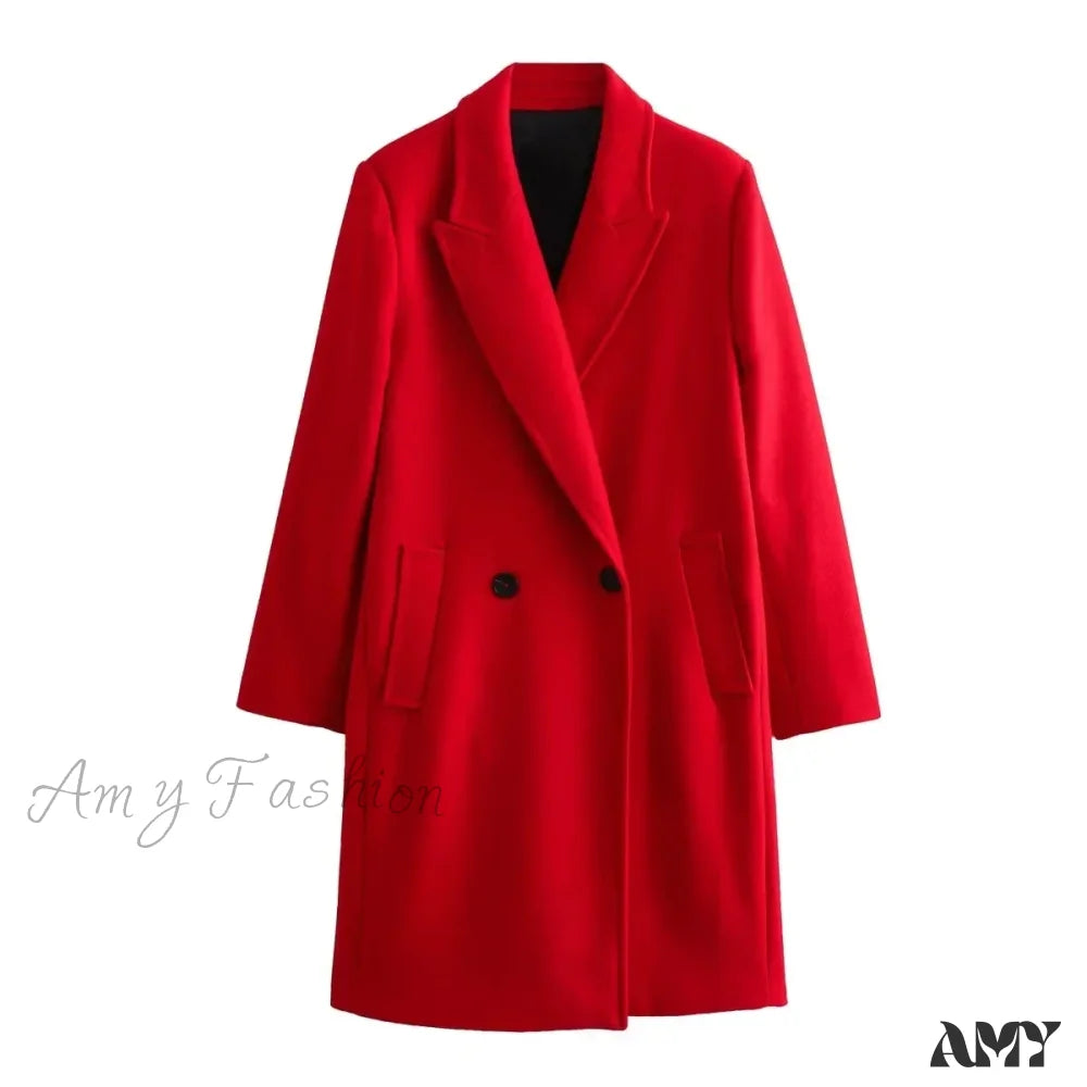 Thickened Elegant Long Button Sleeve Blend Loose Wool Pocket Coat Red / S