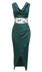 Thigh Slit Lace Midi Dress in Turquoise