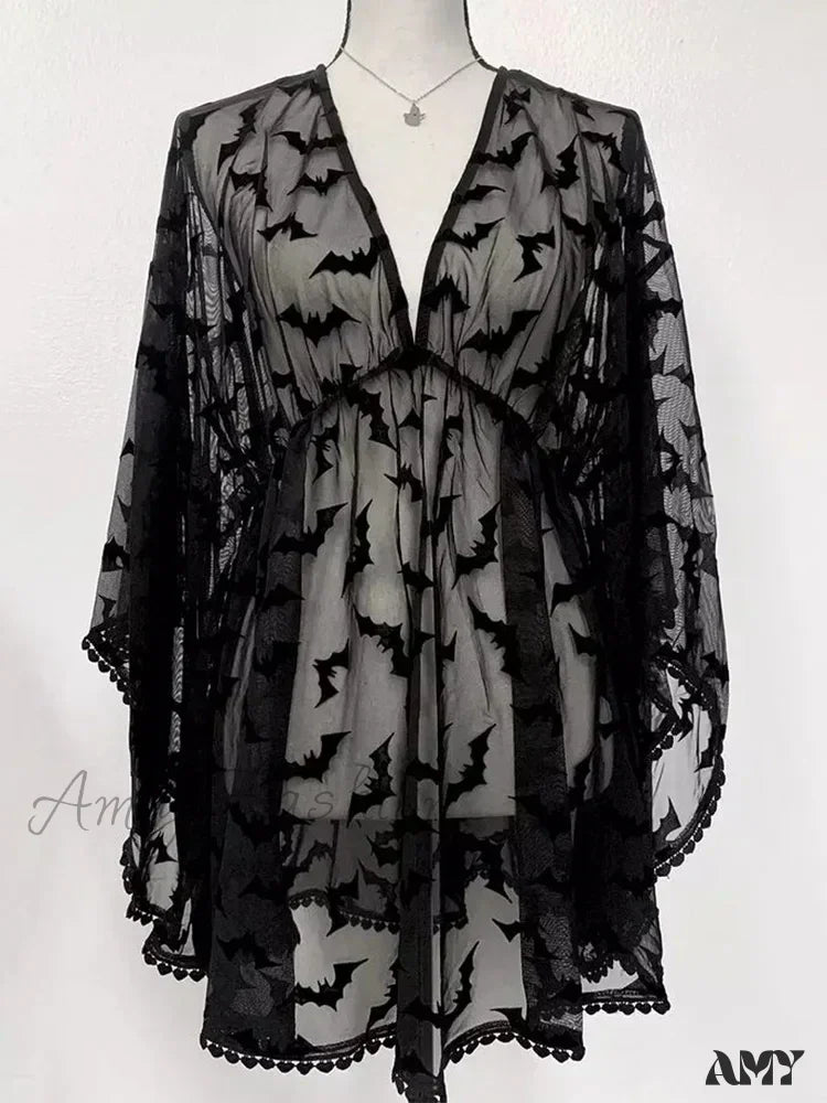 Through Dress Grunge Night Bat See Lace Graphic Aesthetic Chiffon Goth Black E-Girls Club / S