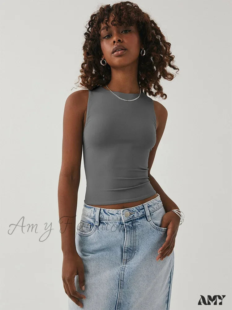 Tight Bottomed Round Neck Sleeveless Racerback Crop Top