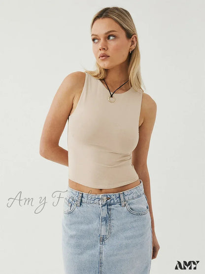 Tight Bottomed Round Neck Sleeveless Racerback Crop Top