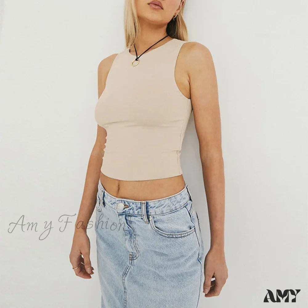 Tight Bottomed Round Neck Sleeveless Racerback Crop Top Apricot / S