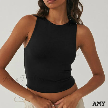 Tight Bottomed Round Neck Sleeveless Racerback Crop Top Black / S