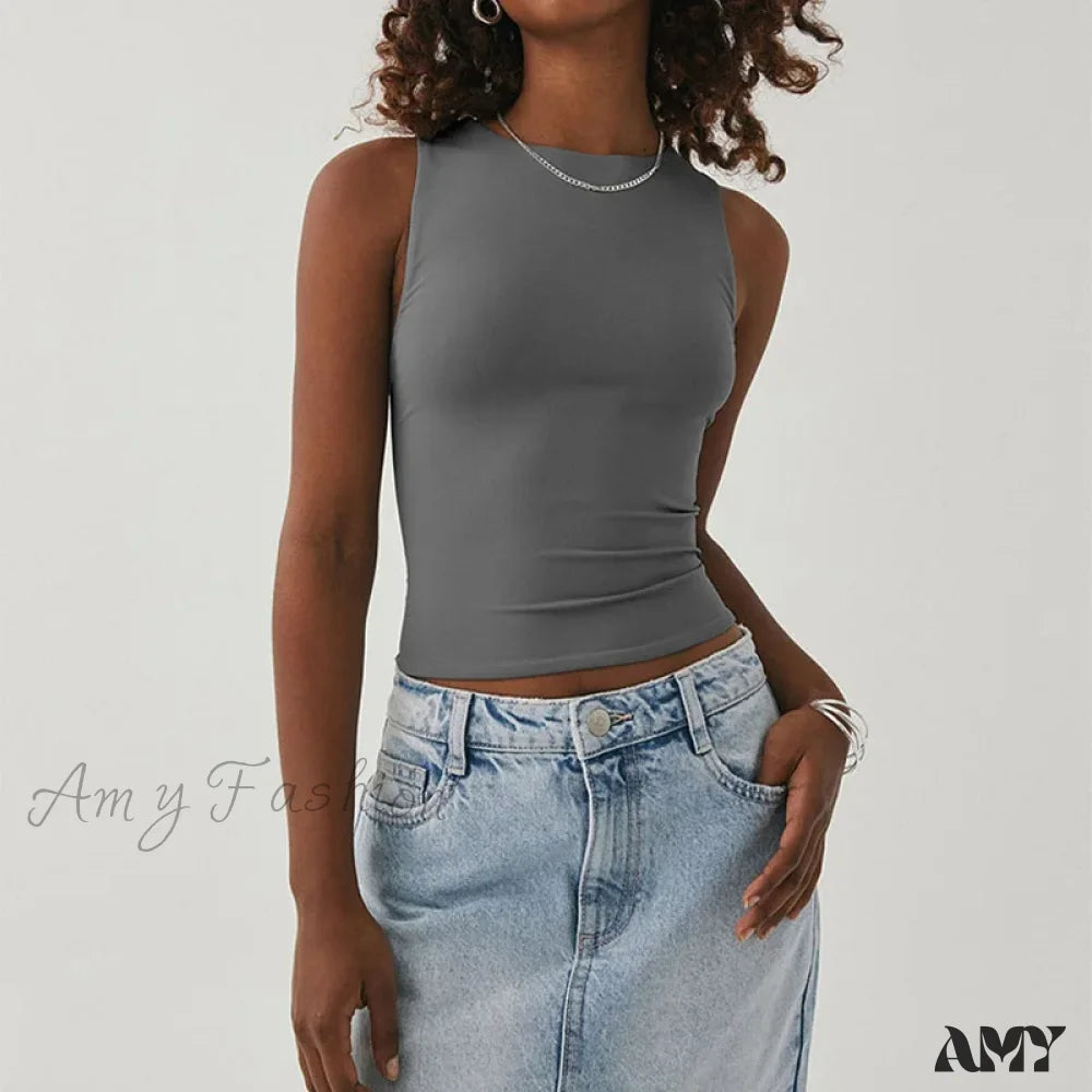 Tight Bottomed Round Neck Sleeveless Racerback Crop Top Gray / S