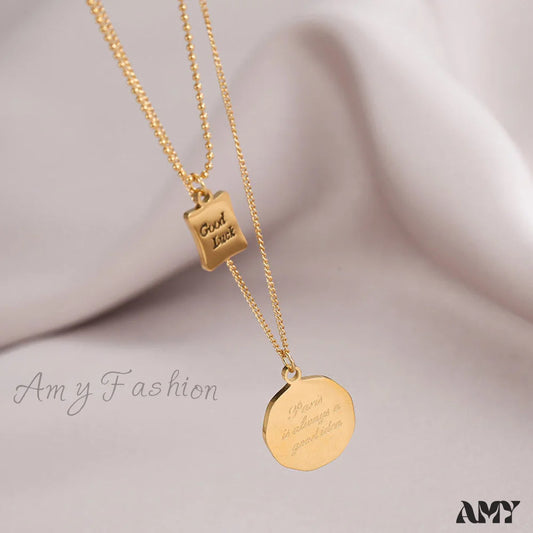 Titanium Steel Lucky Mini Board Double Layer Necklaces Gold