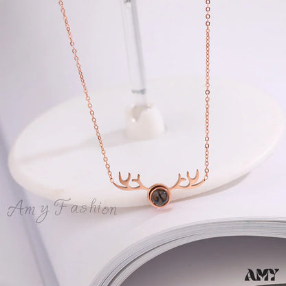 Titanium Steel Romantic Antler Pendant Necklace Rose Gold