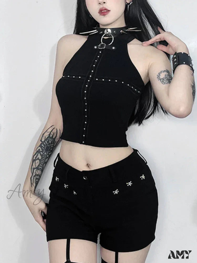 Top Black Patchwork Punk Gothic Cross Alt Cyber Crop Streetwear Dark Grunge / Xs