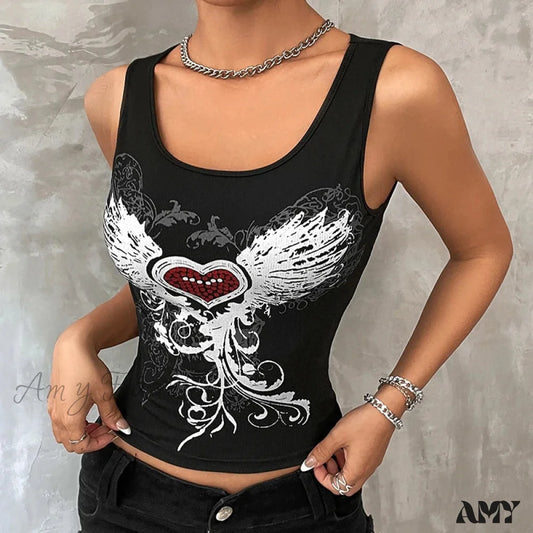 Top & Fairy Heart Grunge Gothic Printed Wings Dark Crop