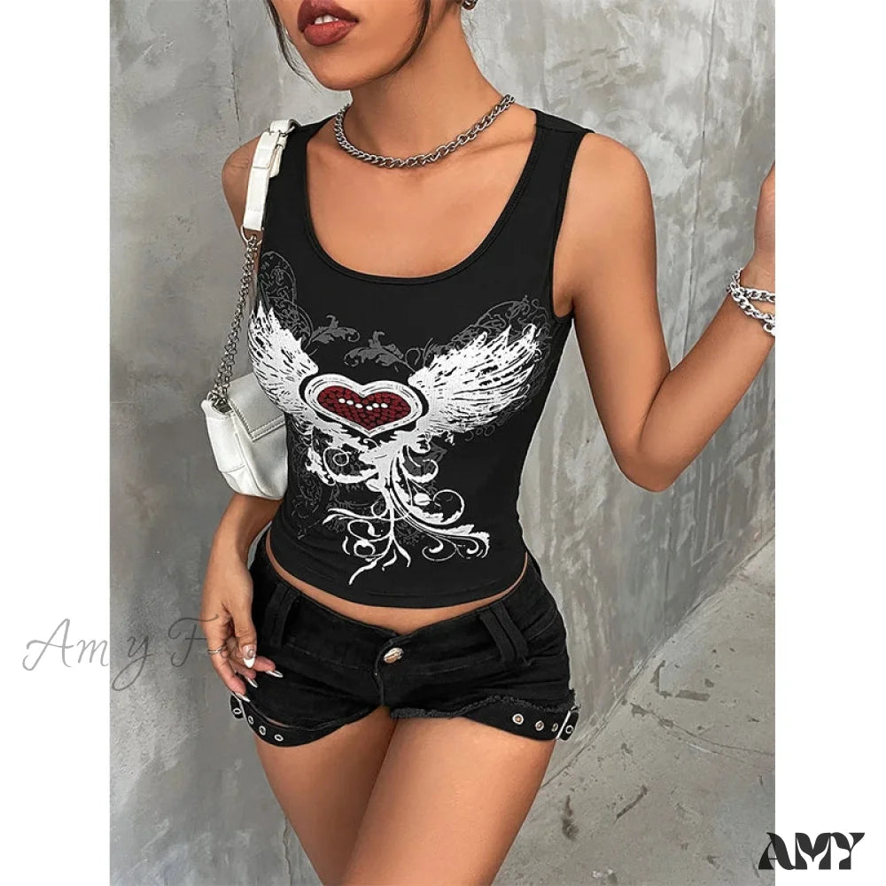 Top & Fairy Heart Grunge Gothic Printed Wings Dark Crop