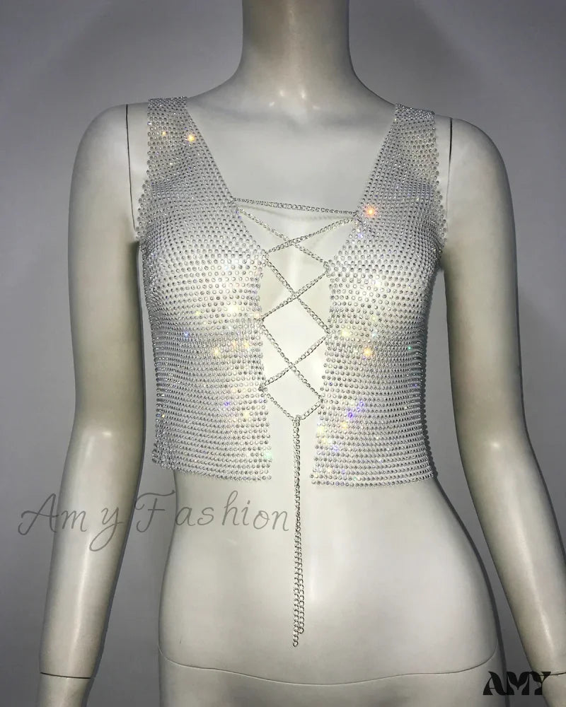 Top Flash Sexy Crop Nightclub Drill Fishnet Body Chain Gothic White / Suitable For 40-65Kg