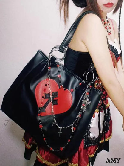 Tote Grunge Capacity Y2K Vintage Gothic Pu Bag Leather Cross Large Black (Red Cross)