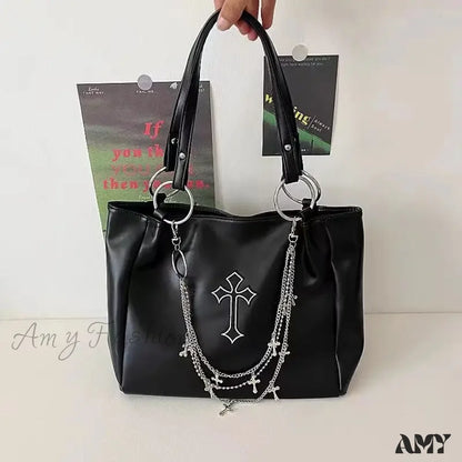 Tote Grunge Capacity Y2K Vintage Gothic Pu Bag Leather Cross Large Black (White Cross)