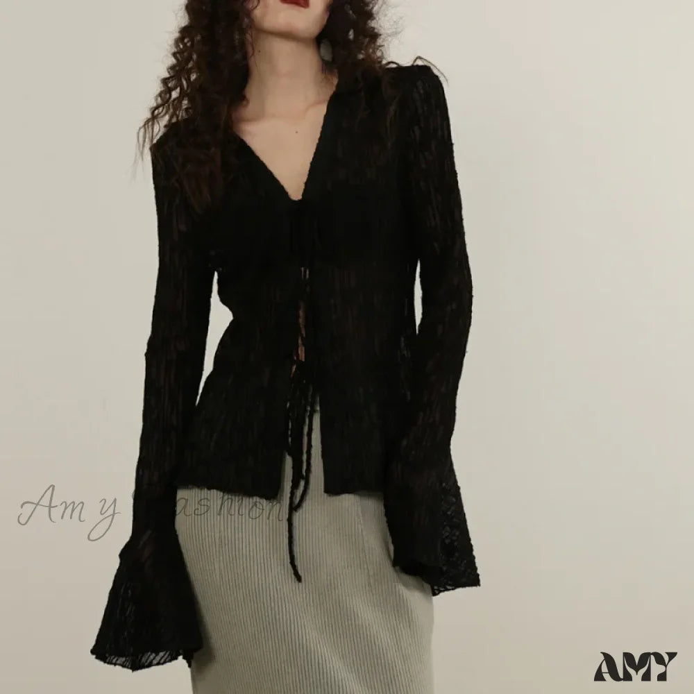 Transparent Lace Harajuku Long Sleeve See Through Goth Blouse Black / S