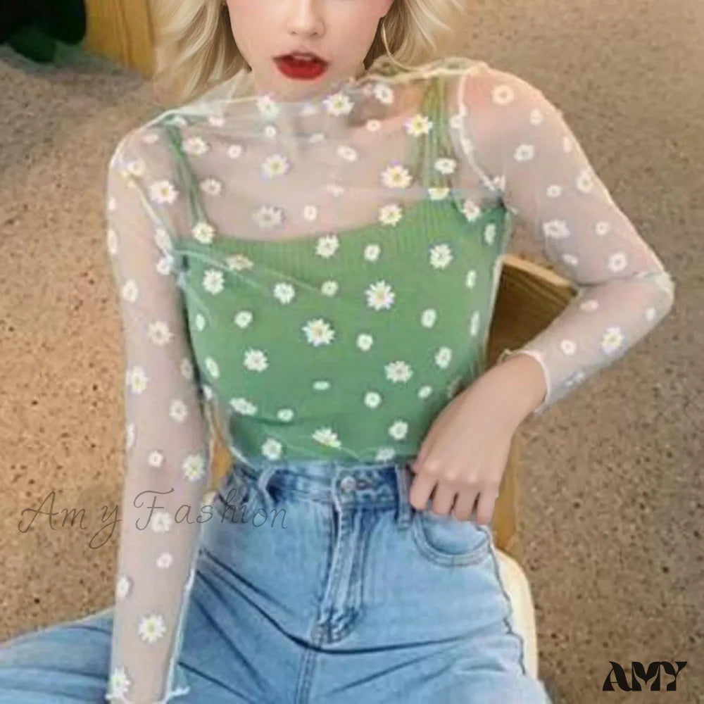 Transparent Sexy Sheer Long Sleeve Sunscreen Lace Blouse Green / One Size