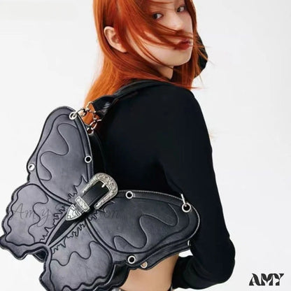 Trend Large Capacity Y2K Leather Gothic Punk Bag Versatile Butterfly Pu Black