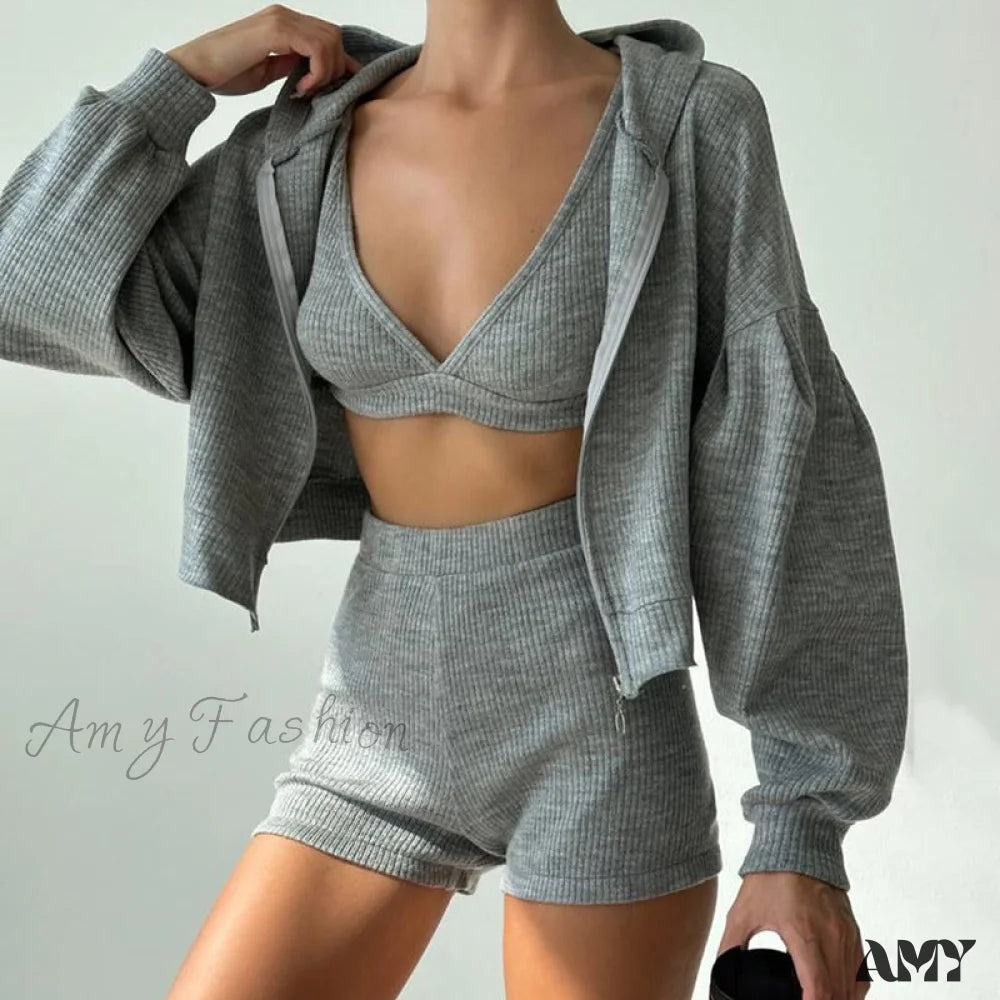 Trendy Casual Hooded Zip Shorts Three-Piece Suit