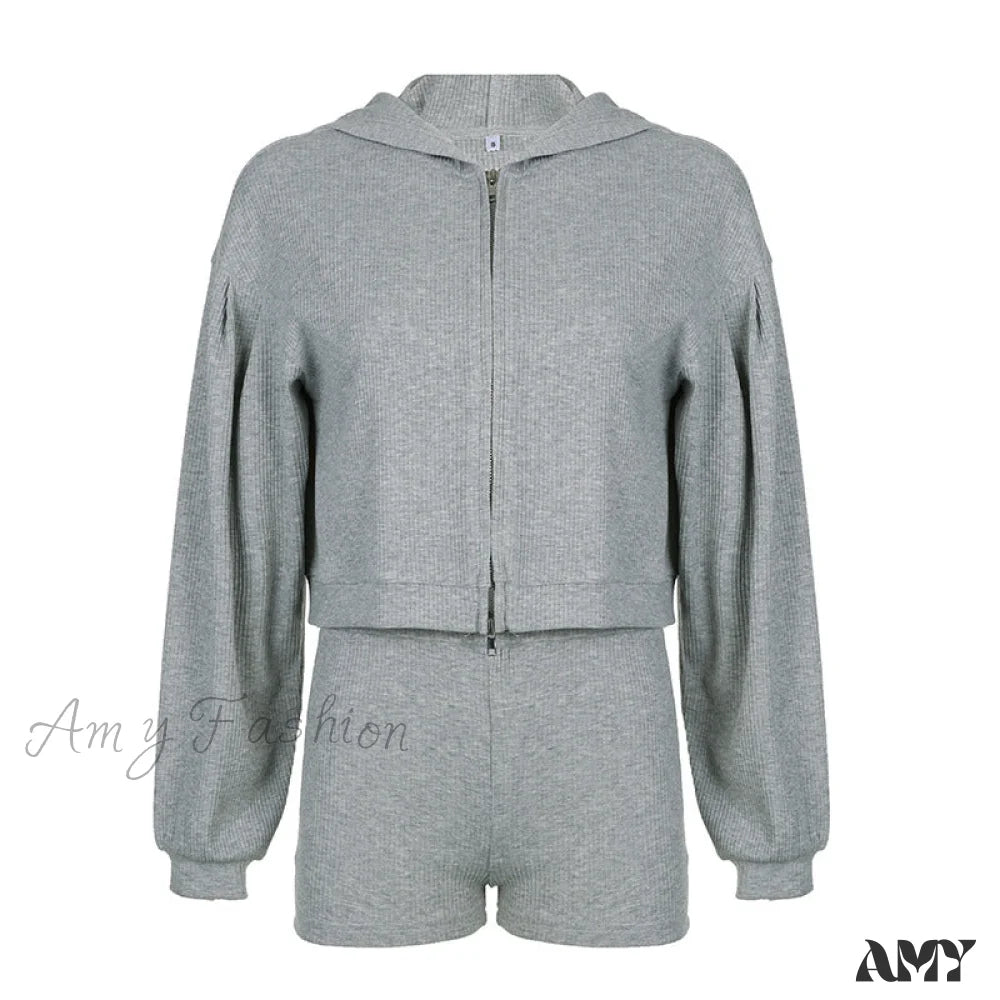 Trendy Casual Hooded Zip Shorts Three-Piece Suit Gray / S