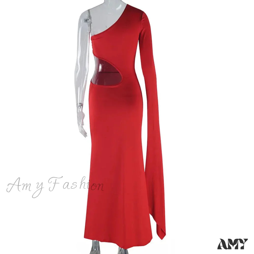 Trendy Incline Shoulder Hollow Maxi Dress For Christmas Party Red / S