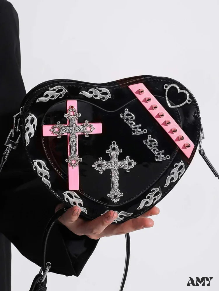 Trendy Pu Pattern Gothic Cross Mini Bag Colorful Y2K Punk Coffin Shape Black