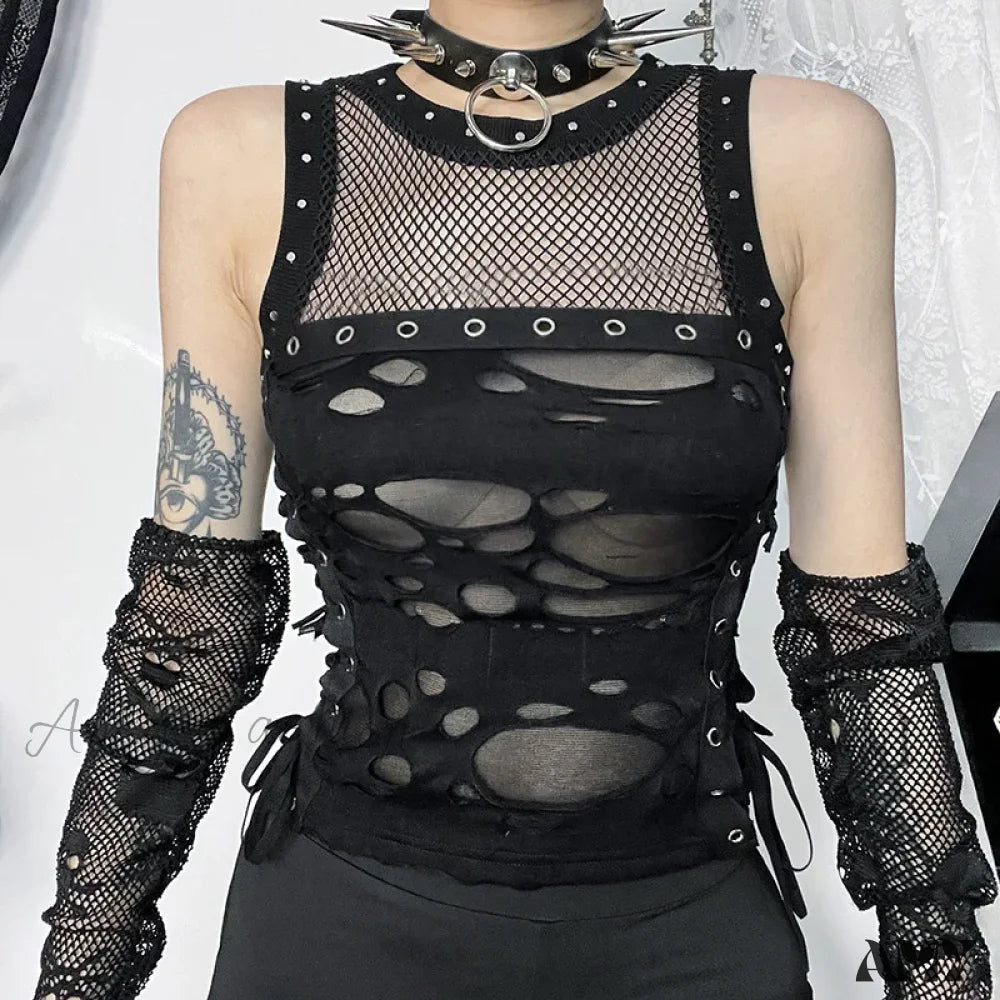 Trendy Rave Gothic Party Steampunk Fishnet Backless Sexy Crop Top