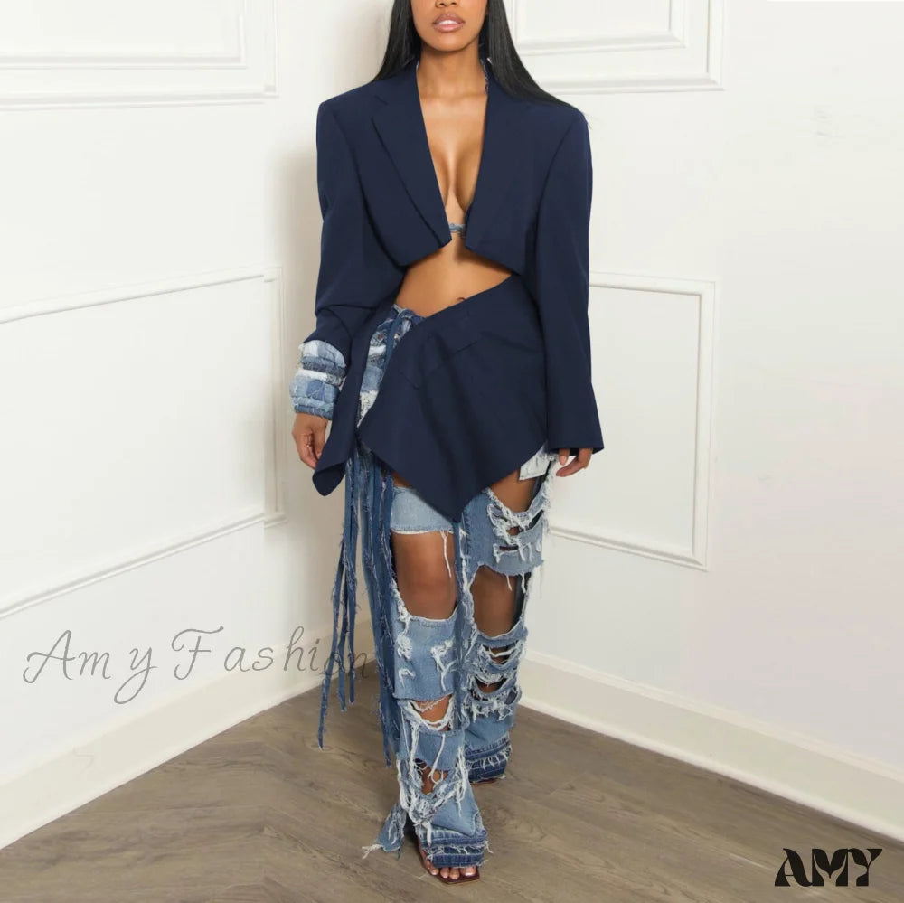 Trendy Sexy Short Denim Tie Skirt Suit