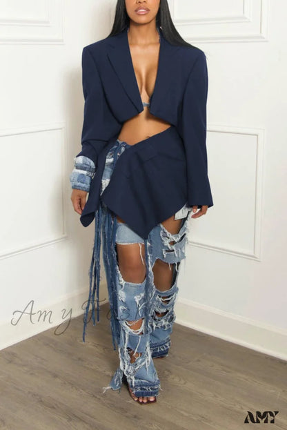 Trendy Sexy Short Denim Tie Skirt Suit Dark Blue / S