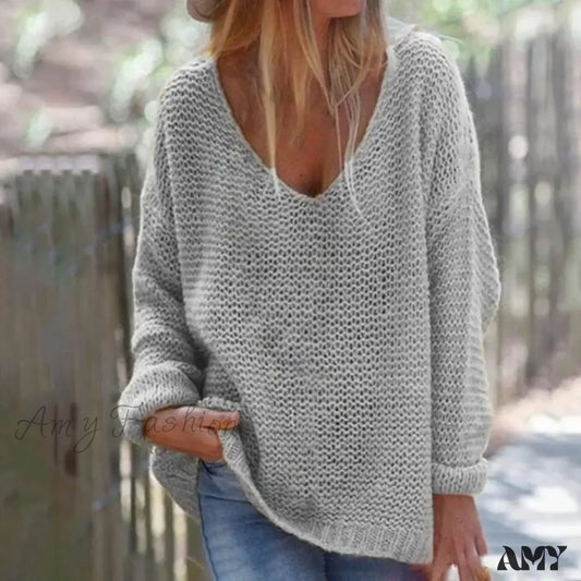 Trendy Solid Color Skin-Friendly Autumn V-Neck Knitted Sweater