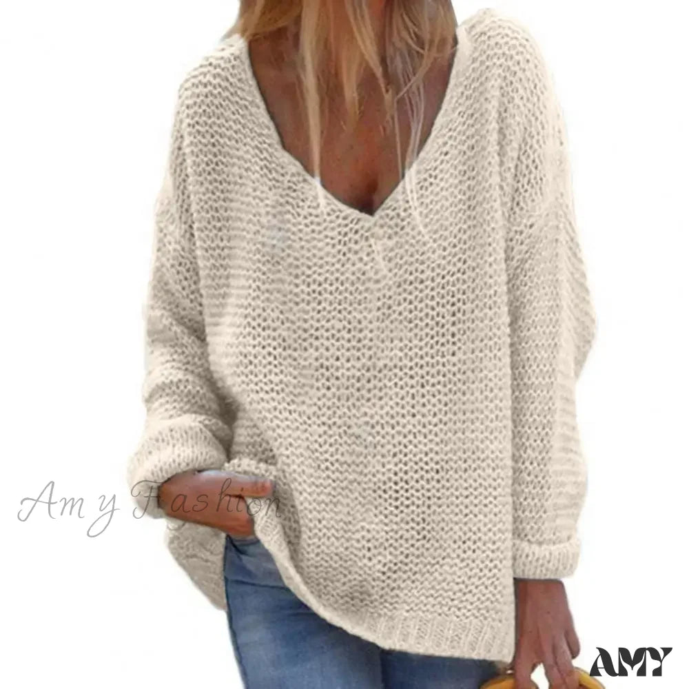 Trendy Solid Color Skin-Friendly Autumn V-Neck Knitted Sweater Apricot / M