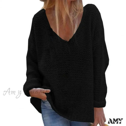 Trendy Solid Color Skin-Friendly Autumn V-Neck Knitted Sweater Black / M