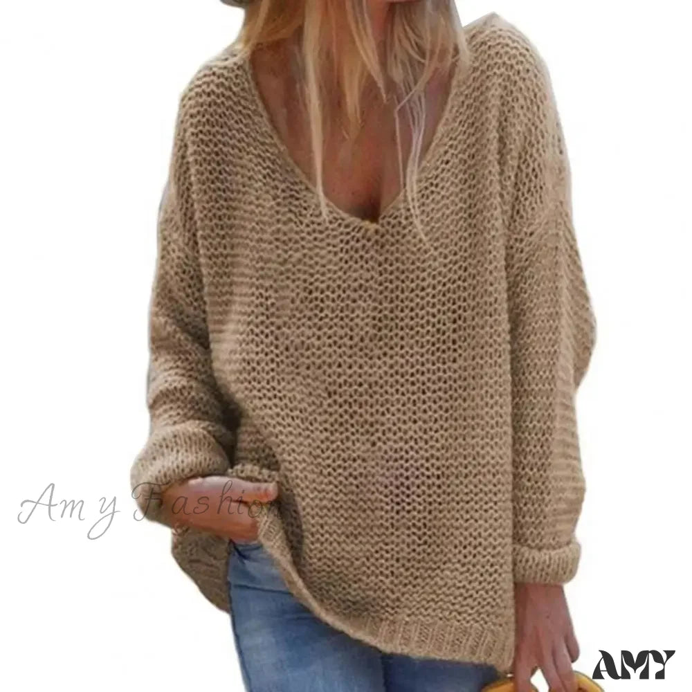 Trendy Solid Color Skin-Friendly Autumn V-Neck Knitted Sweater Brown / M