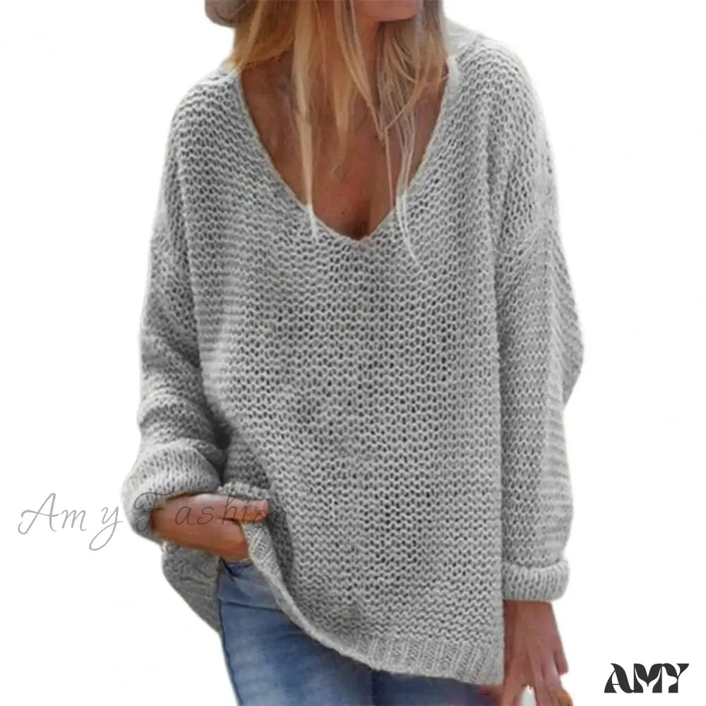 Trendy Solid Color Skin-Friendly Autumn V-Neck Knitted Sweater Grey / M