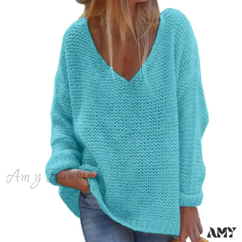 Trendy Solid Color Skin-Friendly Autumn V-Neck Knitted Sweater Lake Blue / M