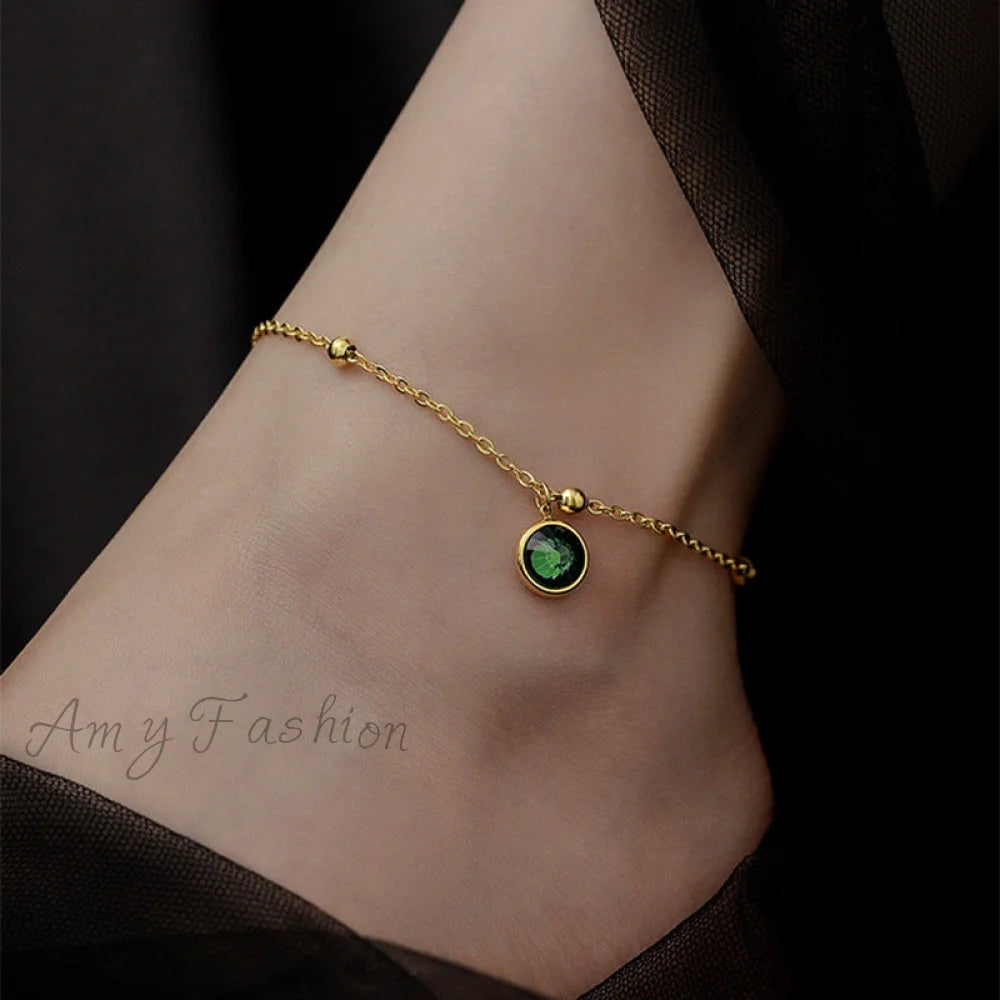 Trendy Temperament Round Green Zircon Anklet