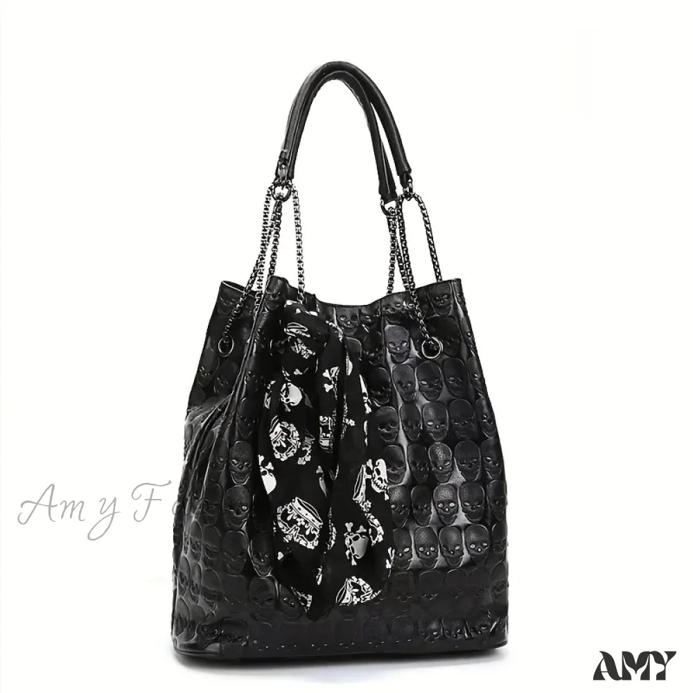 Trendy Tote Gothic Crossbody Scarf Decor Print Shoulder Bag Skull Punk Black