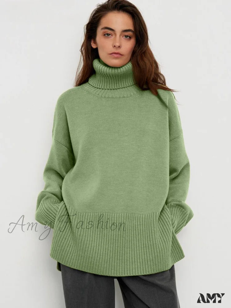 Turtle Neck Autumn Winter Women Soft Warm Basic Knitted Split Pullover Loose Casual Sweater